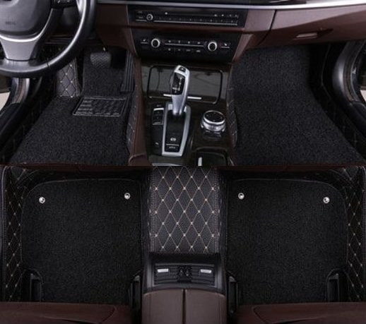 Black Leather & Beige Stitching & Black Coils Car Floor Mats Set