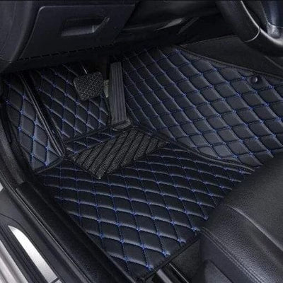 Black Leather & Blue Stitching Car Floor Mats Set