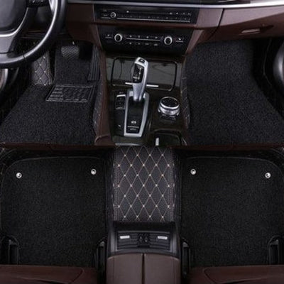 Black Leather & Beige Stitching & Black Coils Car Floor Mats Set