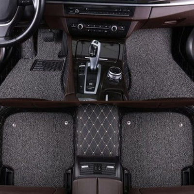 Black Leather & Beige Stitching with Grey Coils Car Floor Mats Set