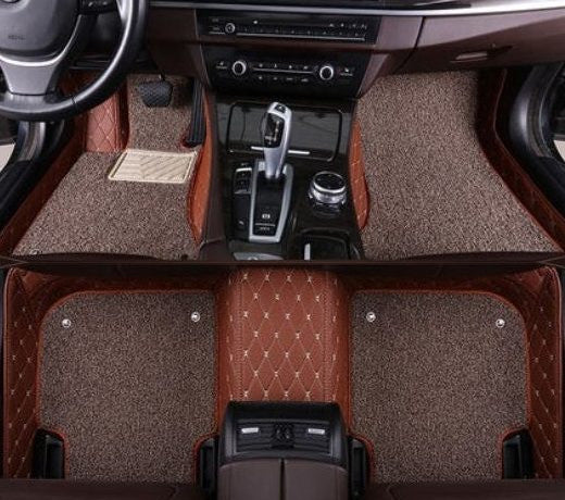 Brown Leather Mats & Beige Stitching & Grey Coils Car Floor Mats Set