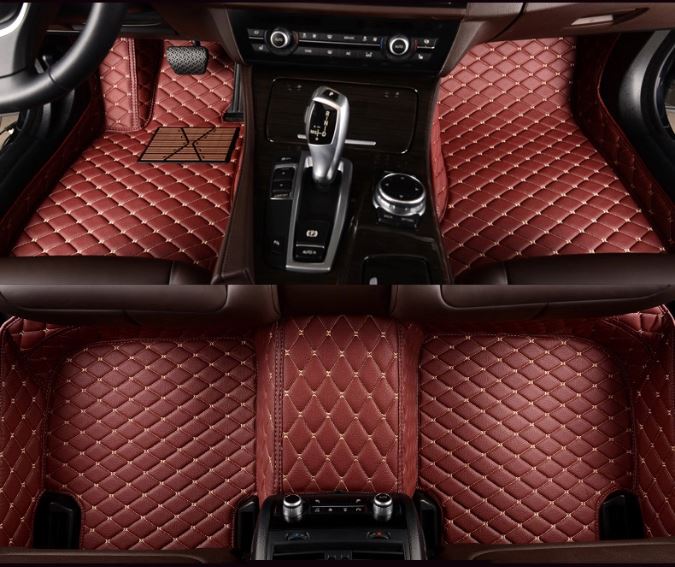 Wine Red Leather & Beige Stitching Car Floor Mats Set