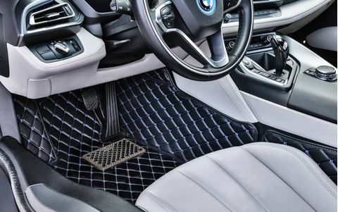 Black Leather & Blue Stitching Car Floor Mats Set