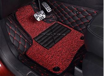 Black Leather & Red Stitching with Red Coils Car Floor Mats Set