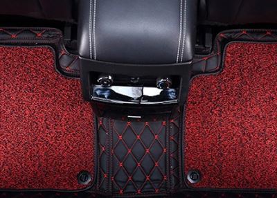Black Leather & Red Stitching with Red Coils Car Floor Mats Set